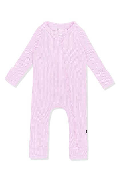 Product photo of the Ribbed Zipper Romper in Thistle shown on a white surface