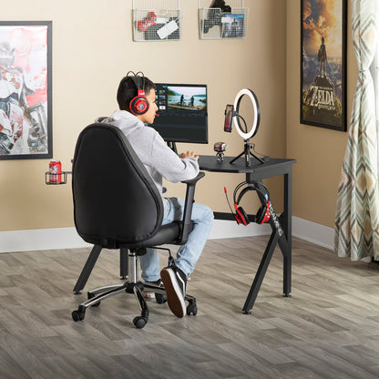Saga PC Gaming Desk with Headphone Hook and Cup Holder, Black / Black 51454