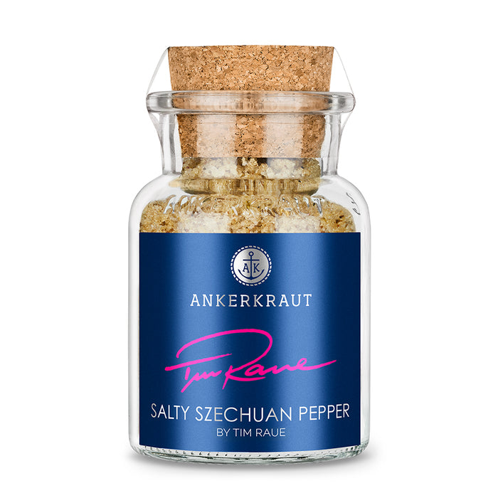 Szechuan Gewürzmischung von Ankerkraut im Korkenglas auf weißem Hintergrund.