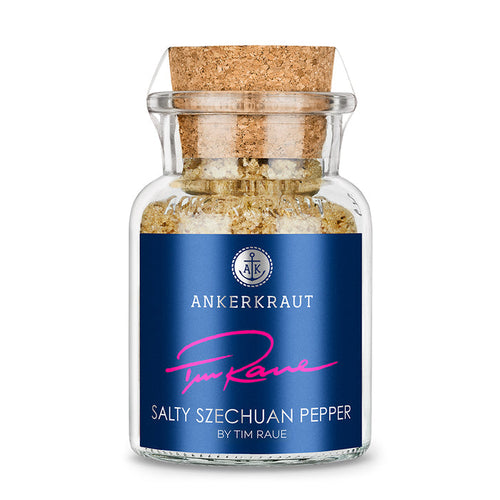 Szechuan Gewürzmischung von Ankerkraut im Korkenglas auf weißem Hintergrund.