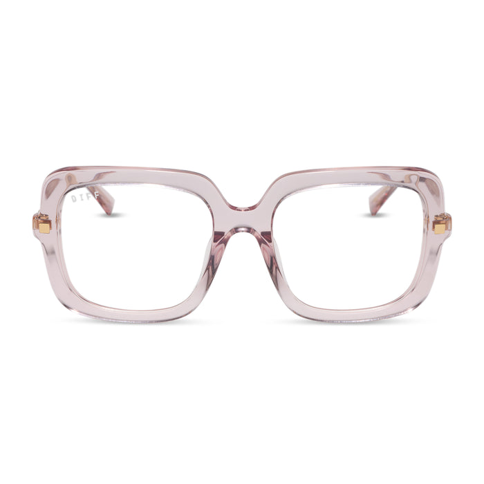 diff eyewear sandra square glasses with a light pink crystal frame and prescription lenses front view