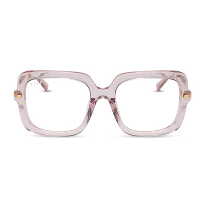 diff eyewear sandra square glasses with a light pink crystal frame and prescription lenses front view