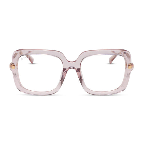 diff eyewear sandra square glasses with a light pink crystal frame and prescription lenses front view