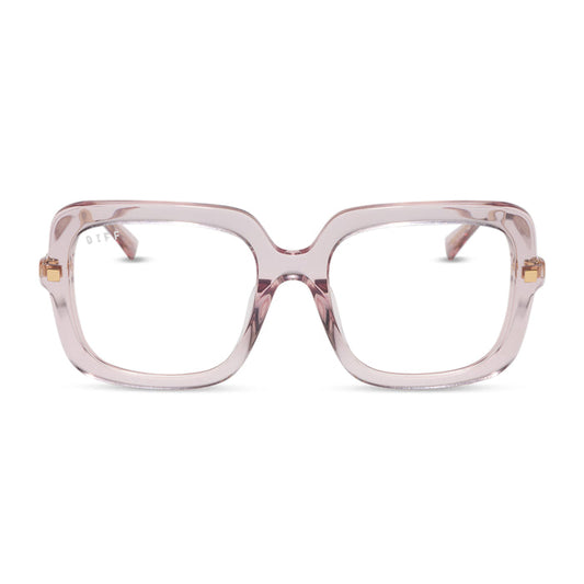 diff eyewear sandra square glasses with a light pink crystal frame and prescription lenses front view