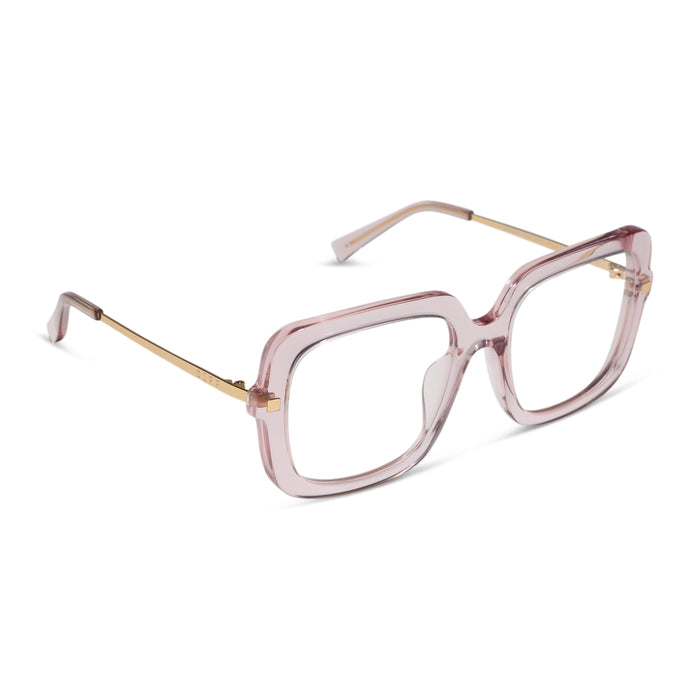 diff eyewear sandra square glasses with a light pink crystal frame and prescription lenses angled view