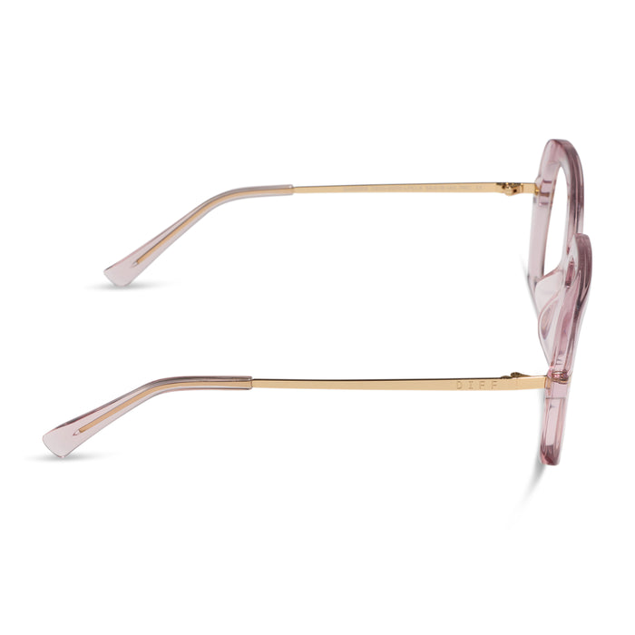 diff eyewear sandra square glasses with a light pink crystal frame and prescription lenses side view