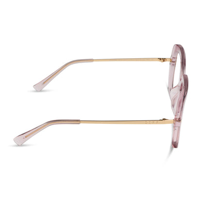 diff eyewear sandra square glasses with a light pink crystal frame and prescription lenses side view