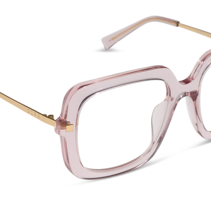 diff eyewear sandra square glasses with a light pink crystal frame and prescription lenses detailed view