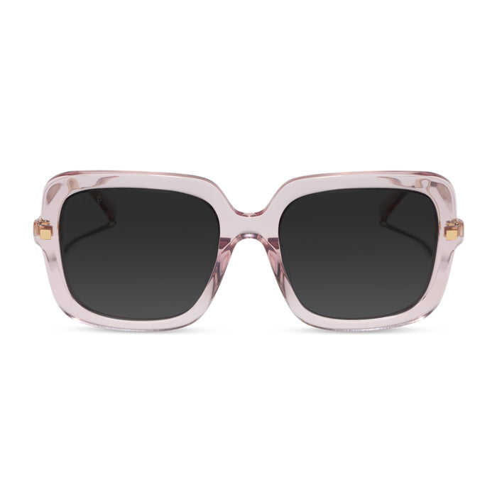 diff eyewear sandra square prescription sunglasses with a light pink crystal frame and grey prescription lenses front view