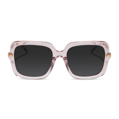 diff eyewear sandra square prescription sunglasses with a light pink crystal frame and grey prescription lenses front view