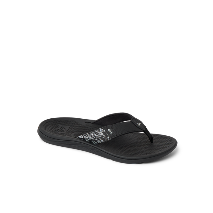 Santa Ana black women's flip flop facing right, featuring soft-rebound cushioning and anatomical arch support for beach comfort.