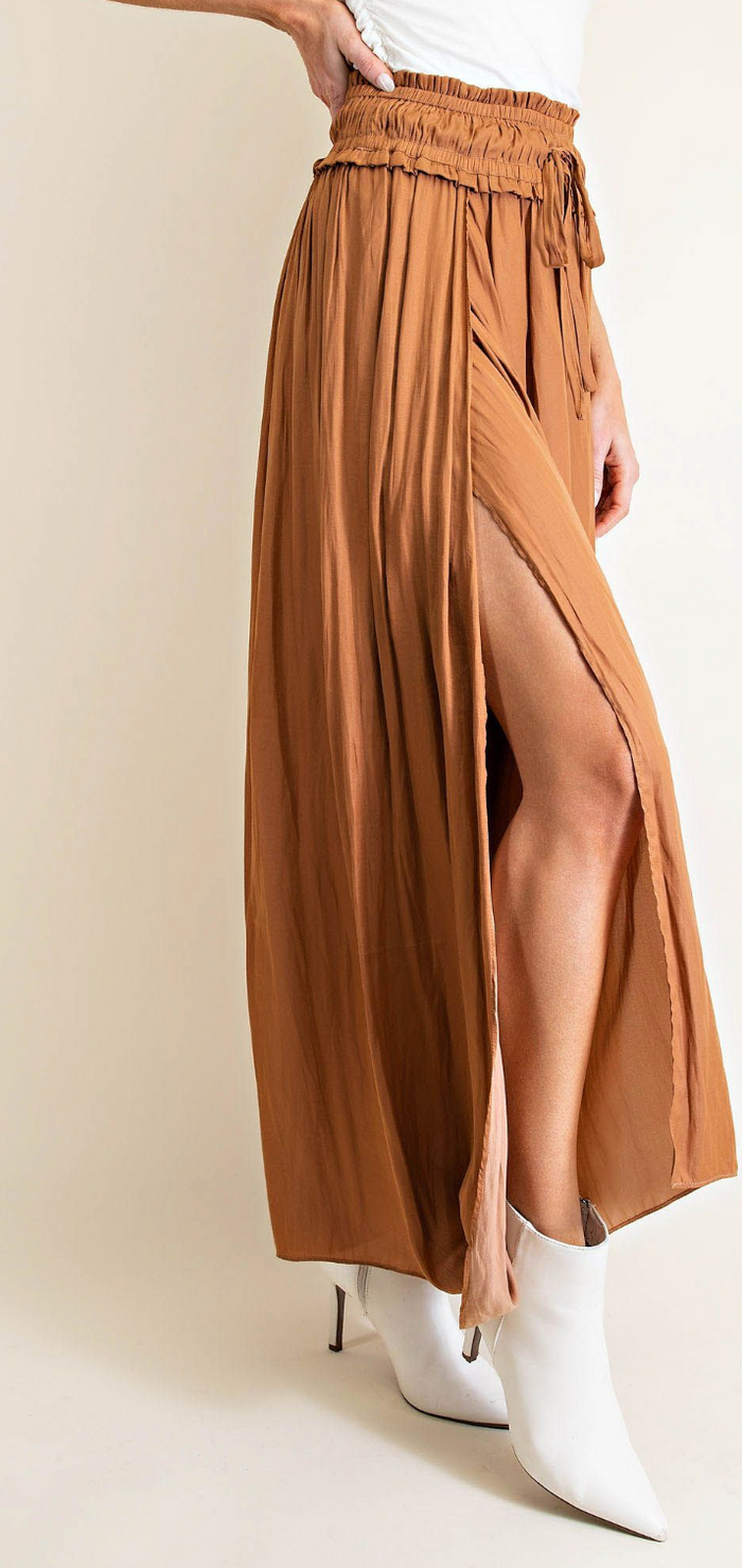 Satin Drawstring Split Maxi Skirt