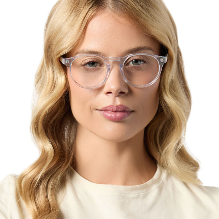 on model - female wearing diff eyewear sawyer round prescription glasses with a opalescent turquoise frame front view