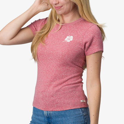 Saylor Fitted Tee in mauvewood worn by woman, showing front and side with a small white hibiscus logo on chest