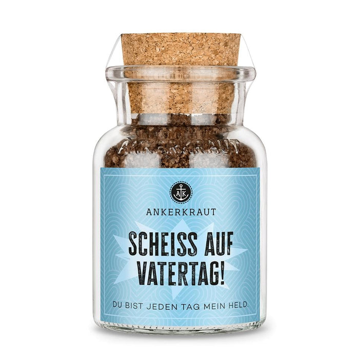 Scheiß Auf Vatertag von Ankerkraut im Korkenglas auf weißem Hintergrund.