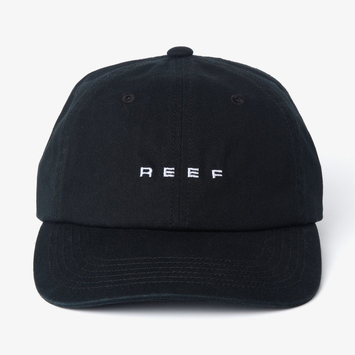 Front view of black Schotts Twill Hat with white REEF logo, featuring lightweight, durable, and comfortable beach-inspired design.