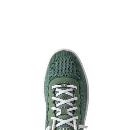 Top view close-up of the green Shoreline Del Mar sneaker with white laces, featuring breathable mesh and comfort-focused design.