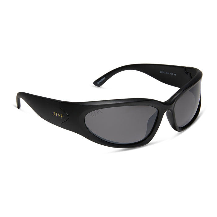 diff sport side out wrap sunglasses with a matte black frame and grey with silver flash polarized lenses angled view