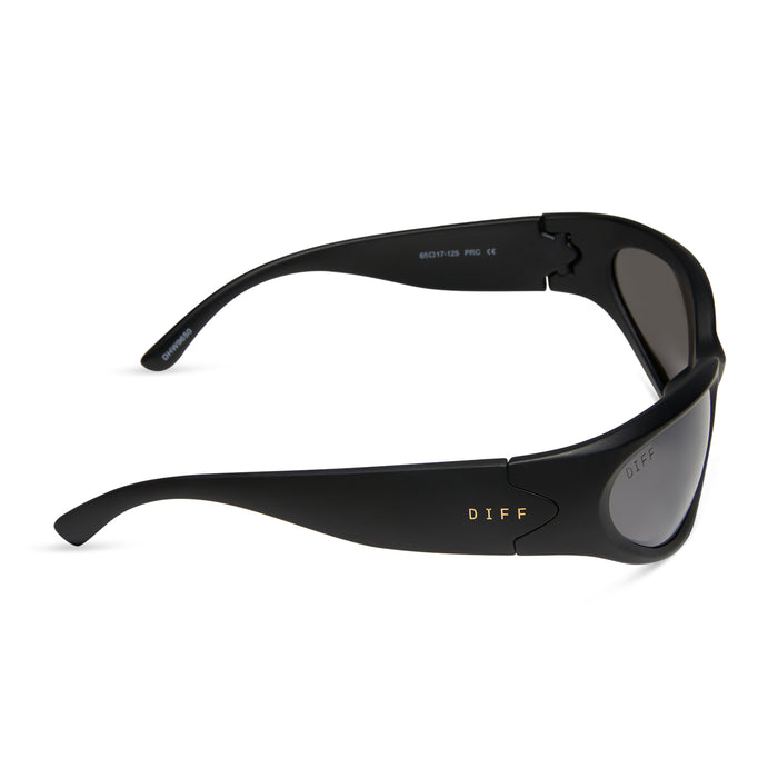 diff sport side out wrap sunglasses with a matte black frame and grey with silver flash polarized lenses side view