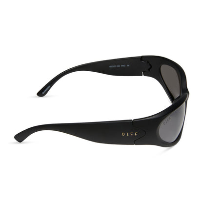 diff sport side out wrap sunglasses with a matte black frame and grey with silver flash polarized lenses side view