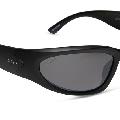 diff sport side out wrap sunglasses with a matte black frame and grey with silver flash polarized lenses detailed view
