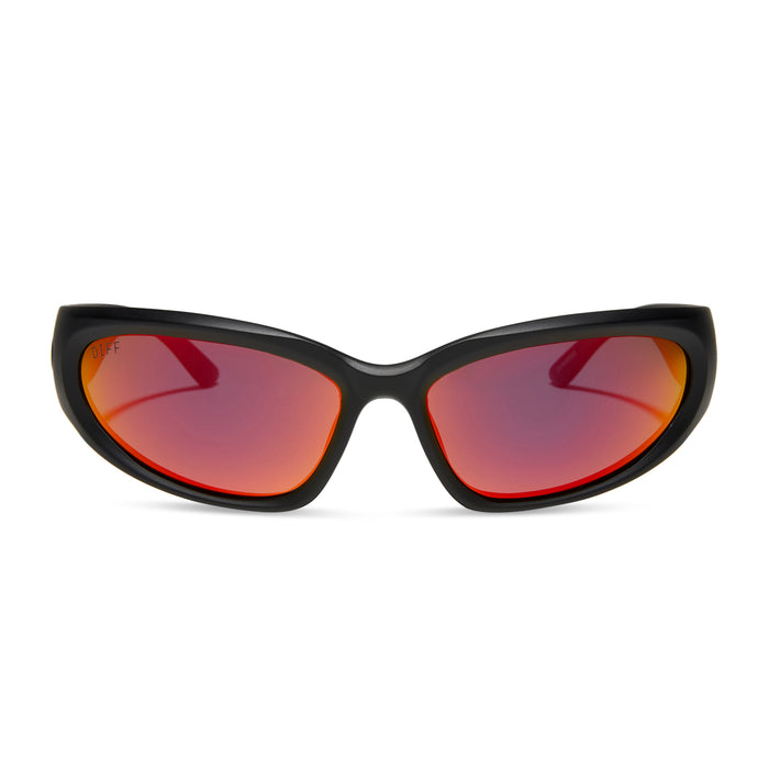 diff sport side out wrap sunglasses with a matte black frame and sunset mirror polarized lenses front view