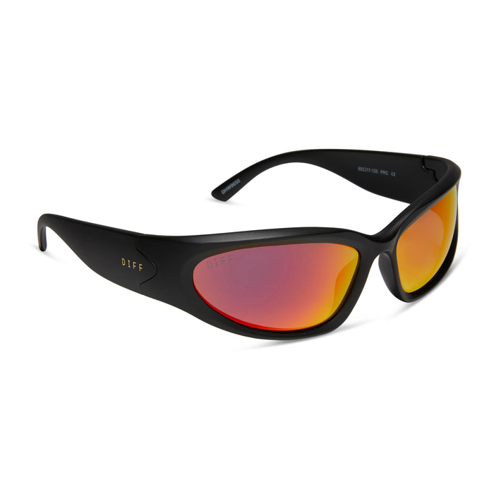 diff sport side out wrap sunglasses with a matte black frame and sunset mirror polarized lenses angled view