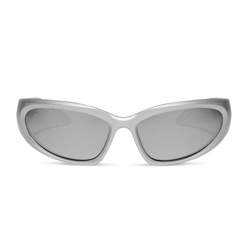 diff sport side out wrap sunglasses with a silver frame and silver mirror polarized lenses front view