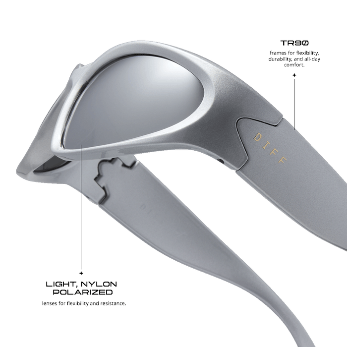 detailed information for diff sport side out wrap sunglasses with a silver frame and silver mirror polarized lenses