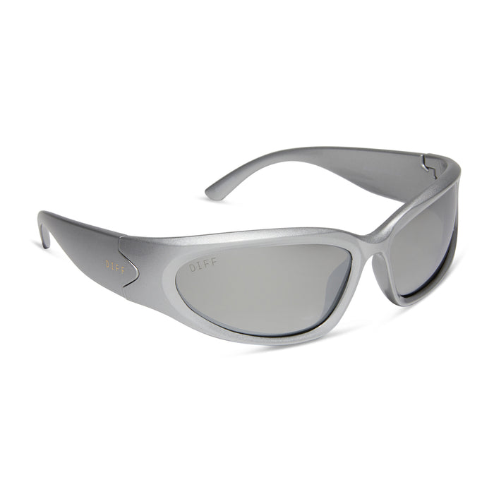 diff sport side out wrap sunglasses with a silver frame and silver mirror polarized lenses angled view