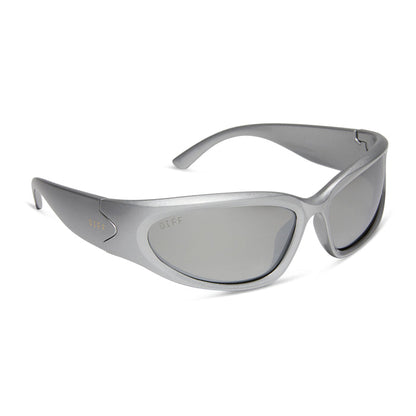 diff sport side out wrap sunglasses with a silver frame and silver mirror polarized lenses angled view