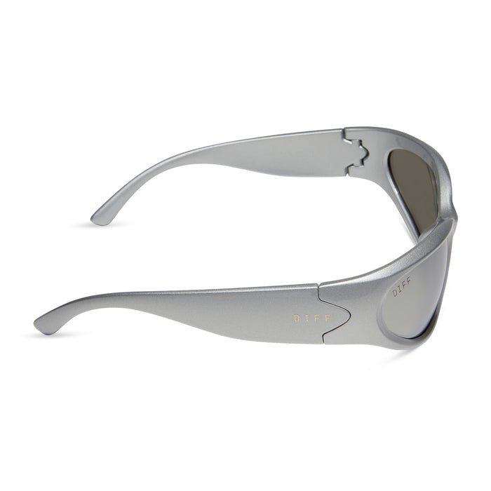 diff sport side out wrap sunglasses with a silver frame and silver mirror polarized lenses side view