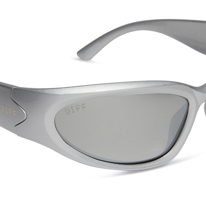 diff sport side out wrap sunglasses with a silver frame and silver mirror polarized lenses detailed view