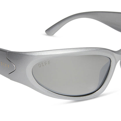 diff sport side out wrap sunglasses with a silver frame and silver mirror polarized lenses detailed view
