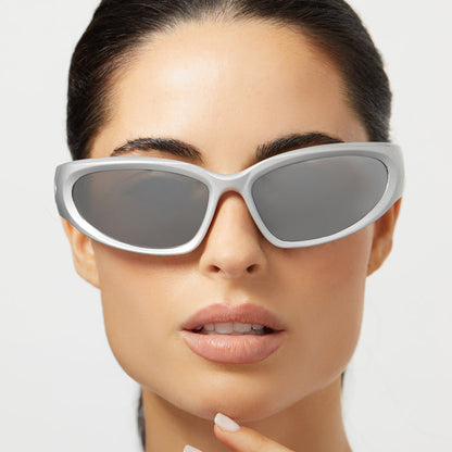 on model - female wearing diff sport side out wrap sunglasses with a silver frame and silver mirror polarized lenses front view