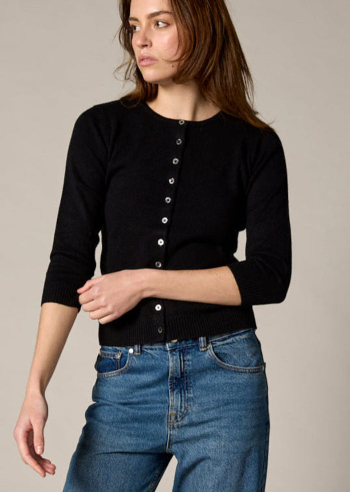 Sonya Hopkins 55% silk 45% cashmere crew cardigan in classic black