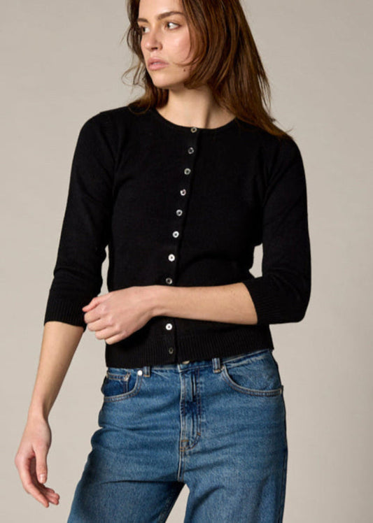 Sonya Hopkins 55% silk 45% cashmere crew cardigan in classic black