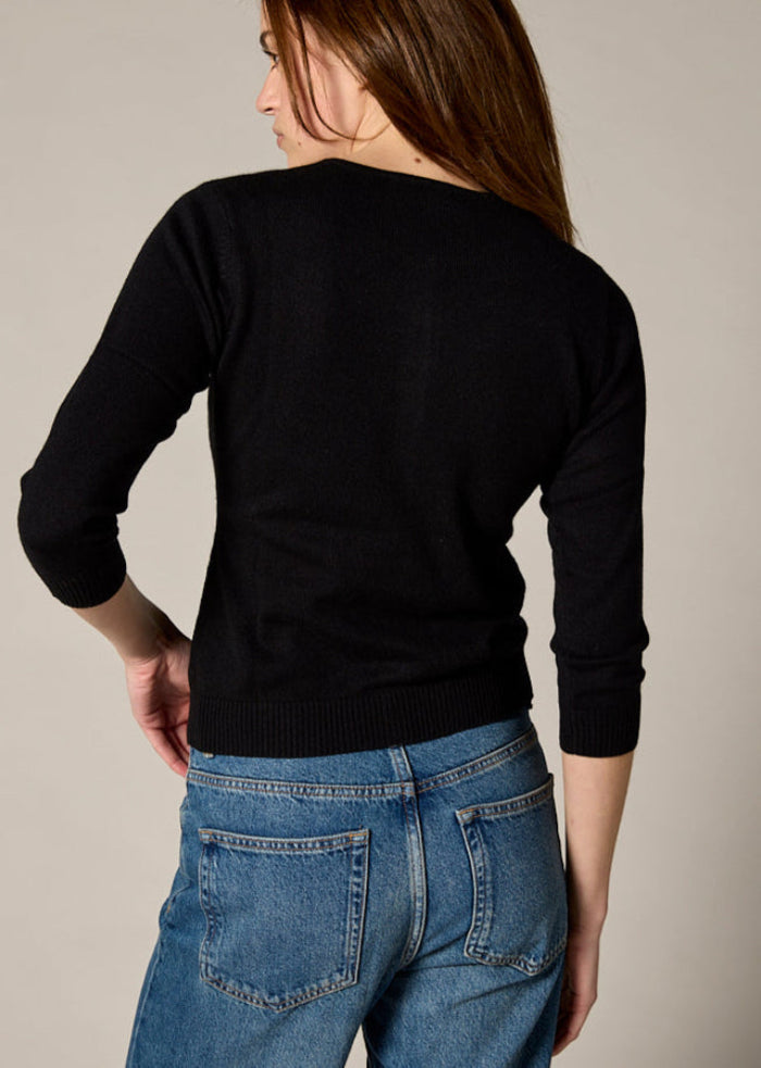 Sonya Hopkins 55% silk 45% cashmere crew cardigan in classic black