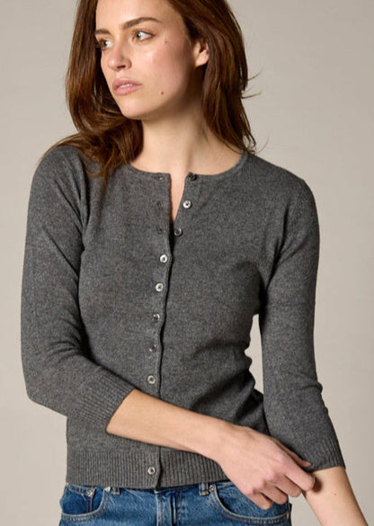 Sonya Hopkins 55% silk 45% cashmere crew cardigan in charcoal grey