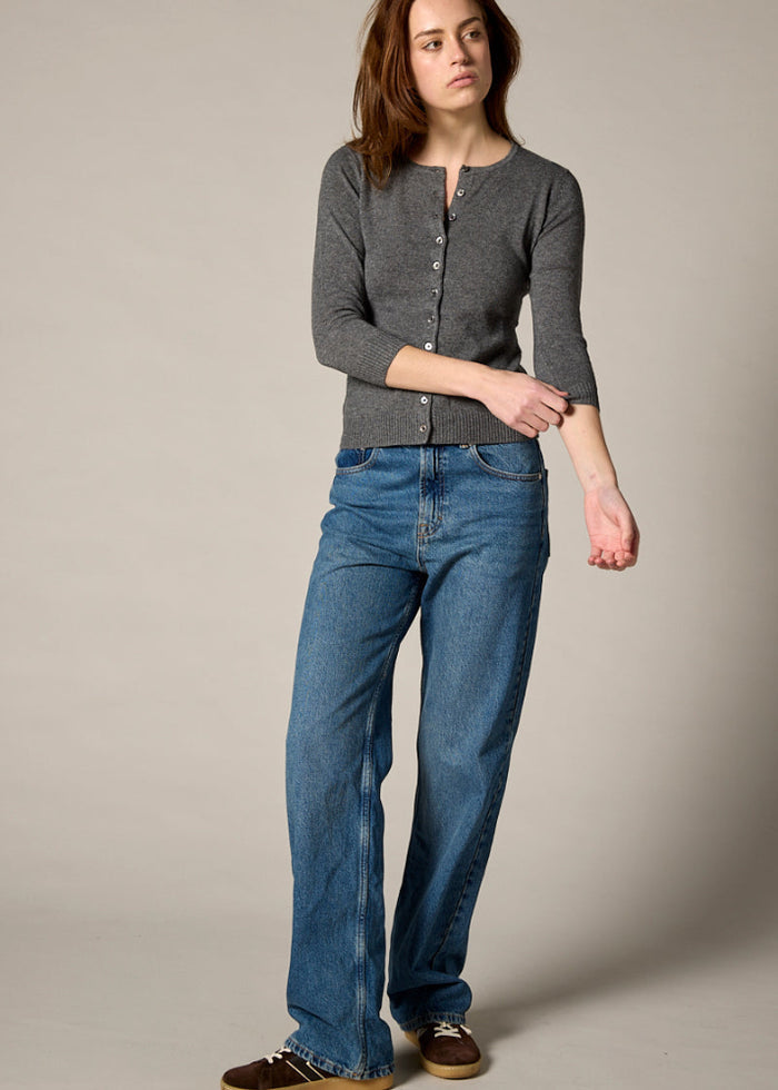 Sonya Hopkins 55% silk 45% cashmere crew cardigan in charcoal grey