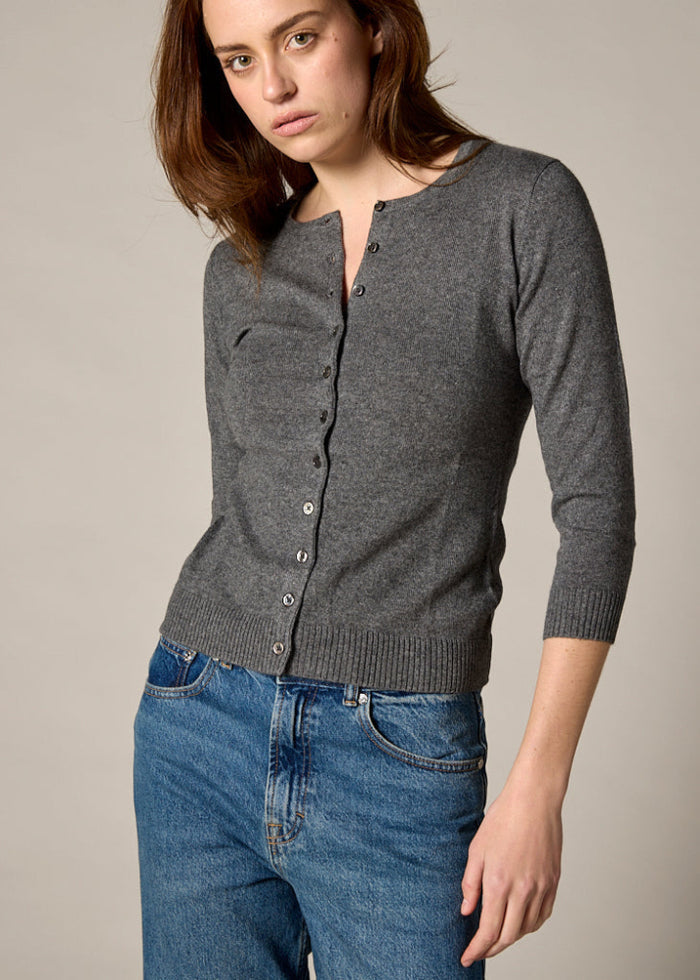 Sonya Hopkins 55% silk 45% cashmere crew cardigan in charcoal grey