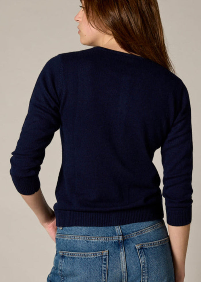 Sonya Hopkins 55% silk 45% cashmere crew cardigan in navy