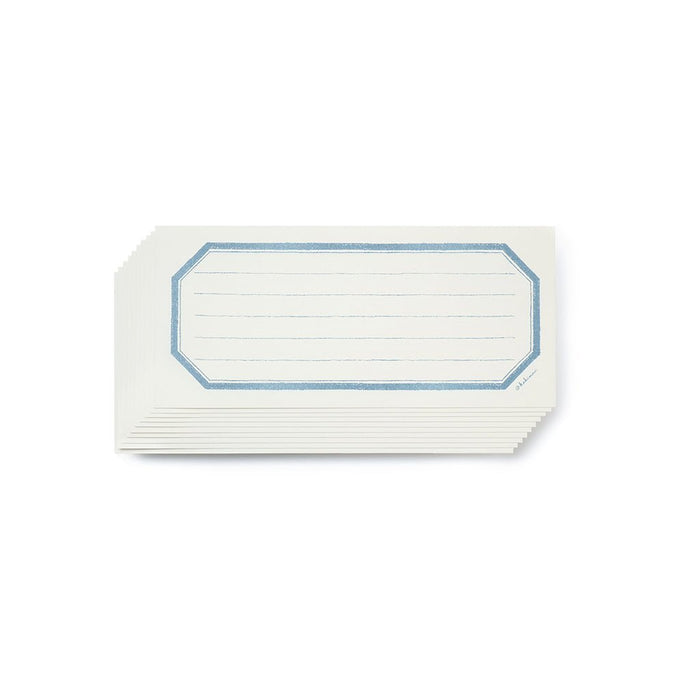 Stack of white cards with blue border on a white background