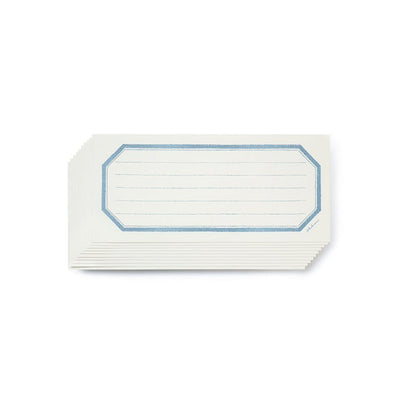 Stack of white cards with blue border on a white background