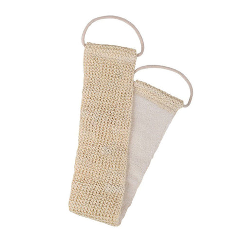 Beige sisal and cotton massage balt with cotton loops on white background