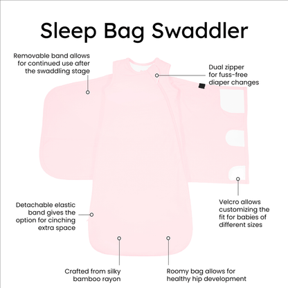 Kyte Baby Sleep Bag Swaddler in Sakura with benefits listed