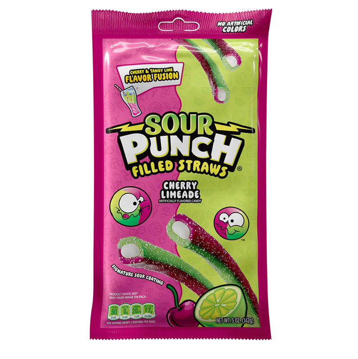 Sour Punch Cherry Limeade Filled Straw Candy Peg Bag - 12 Count