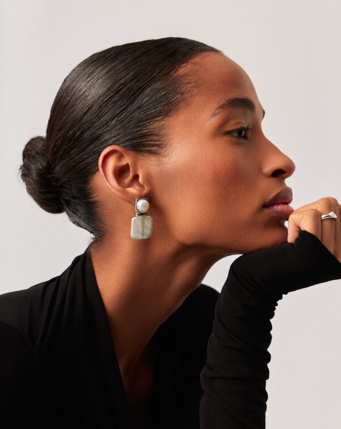 Square Pearl Statement Stud Earrings | Silver Plated/Pearl Earrings Missoma