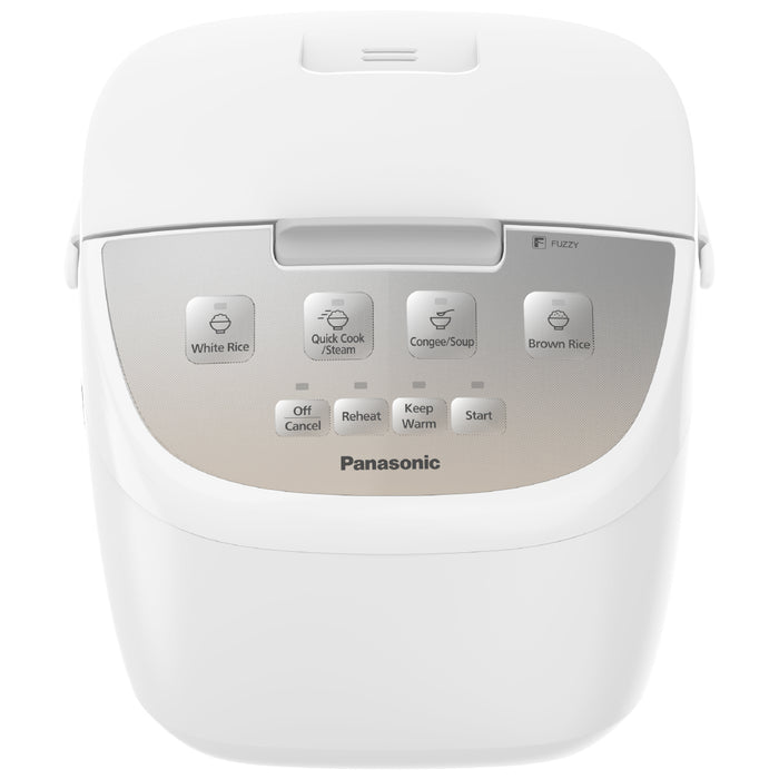 Panasonic rice cooker in white with a silver control panel, featuring buttons for White Rice, Quick Cook, Congee/Soup, Brown Rice, Off/Cancel, Reheat, Keep Warm, and Start.