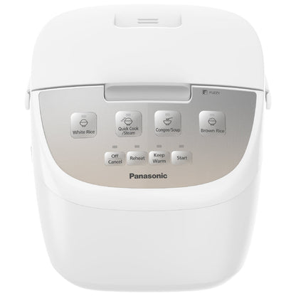 Panasonic rice cooker in white with a silver control panel, featuring buttons for White Rice, Quick Cook, Congee/Soup, Brown Rice, Off/Cancel, Reheat, Keep Warm, and Start.